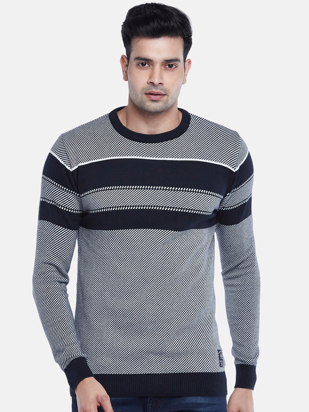 

People Men Grey & Black Striped Cotton Pullover