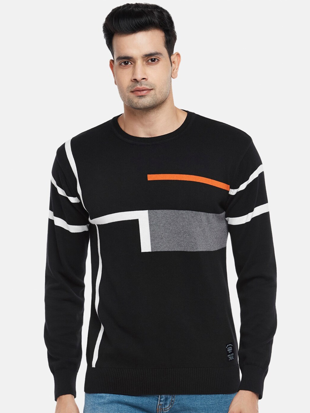 

People Men Black & Grey Printed Cotton Pullover