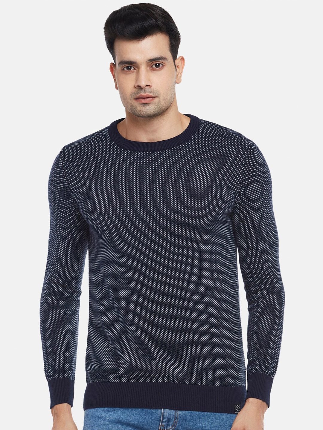 

People Men Navy Blue Cotton Pullover