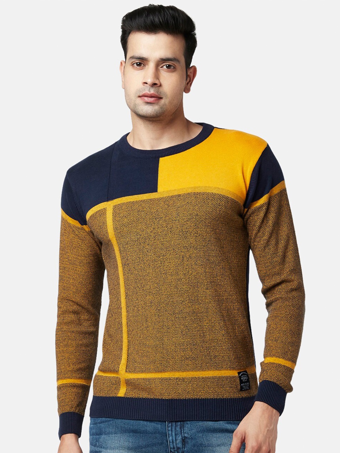 

People Men Yellow & Navy Blue Colourblocked Cotton Pullover