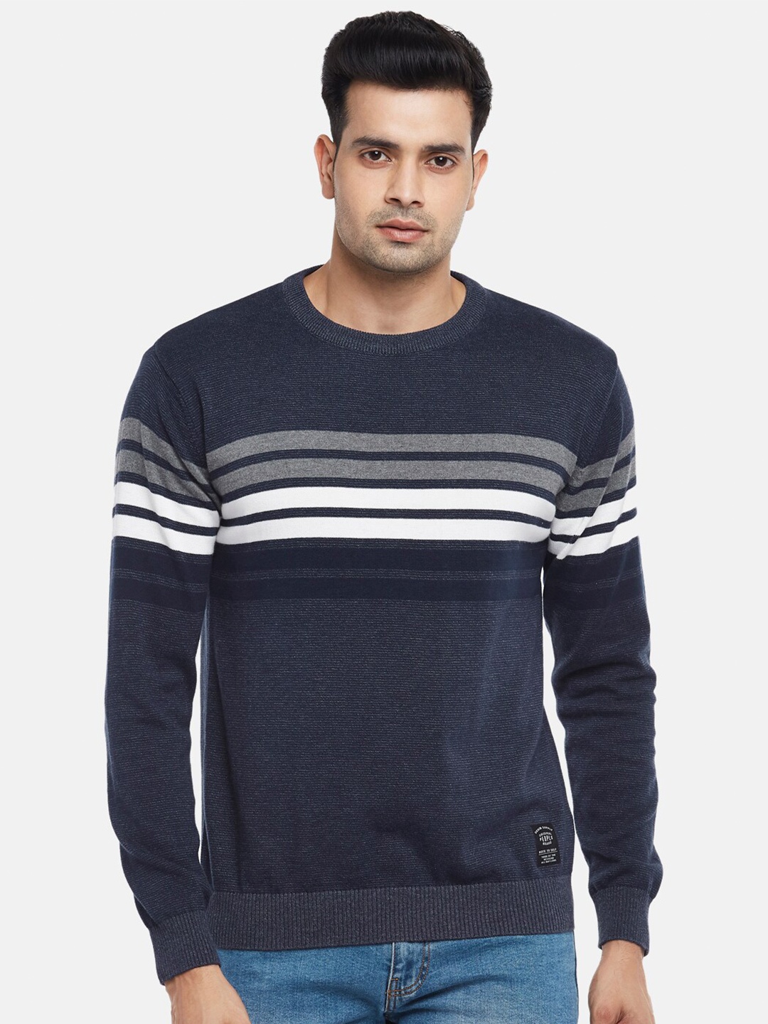 

People Men Blue & White Striped Cotton Pullover