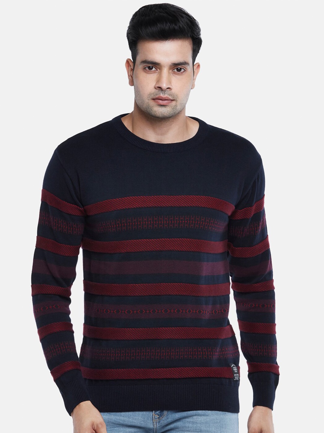 

People Men Blue & Maroon Striped Pullover