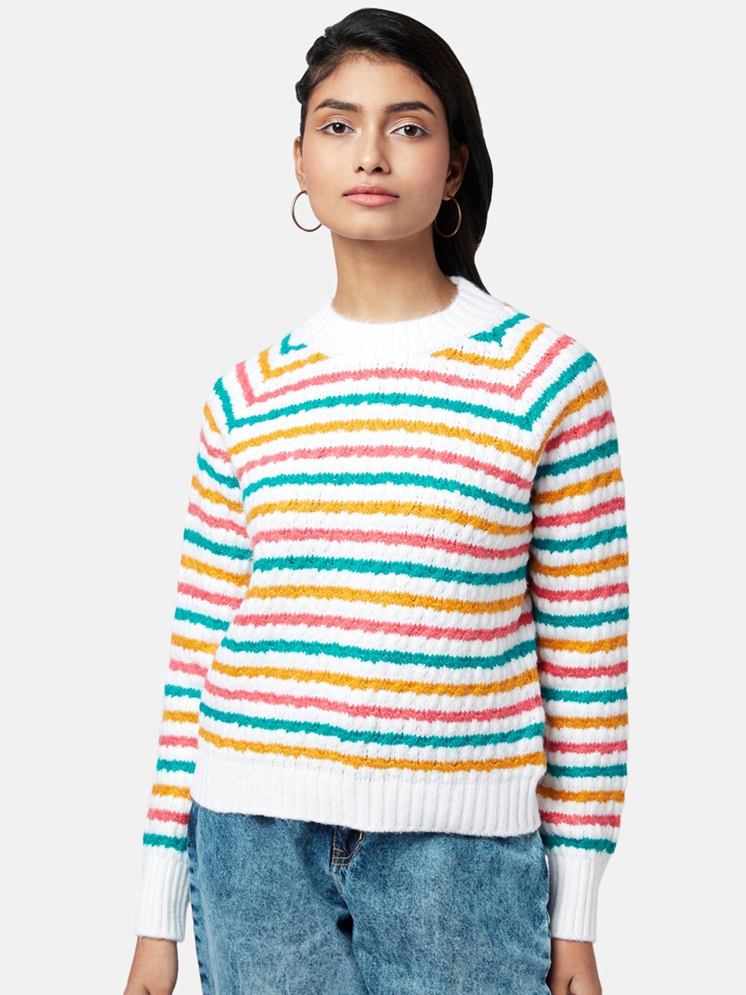 

People Women Off White & Pink Striped Pullover