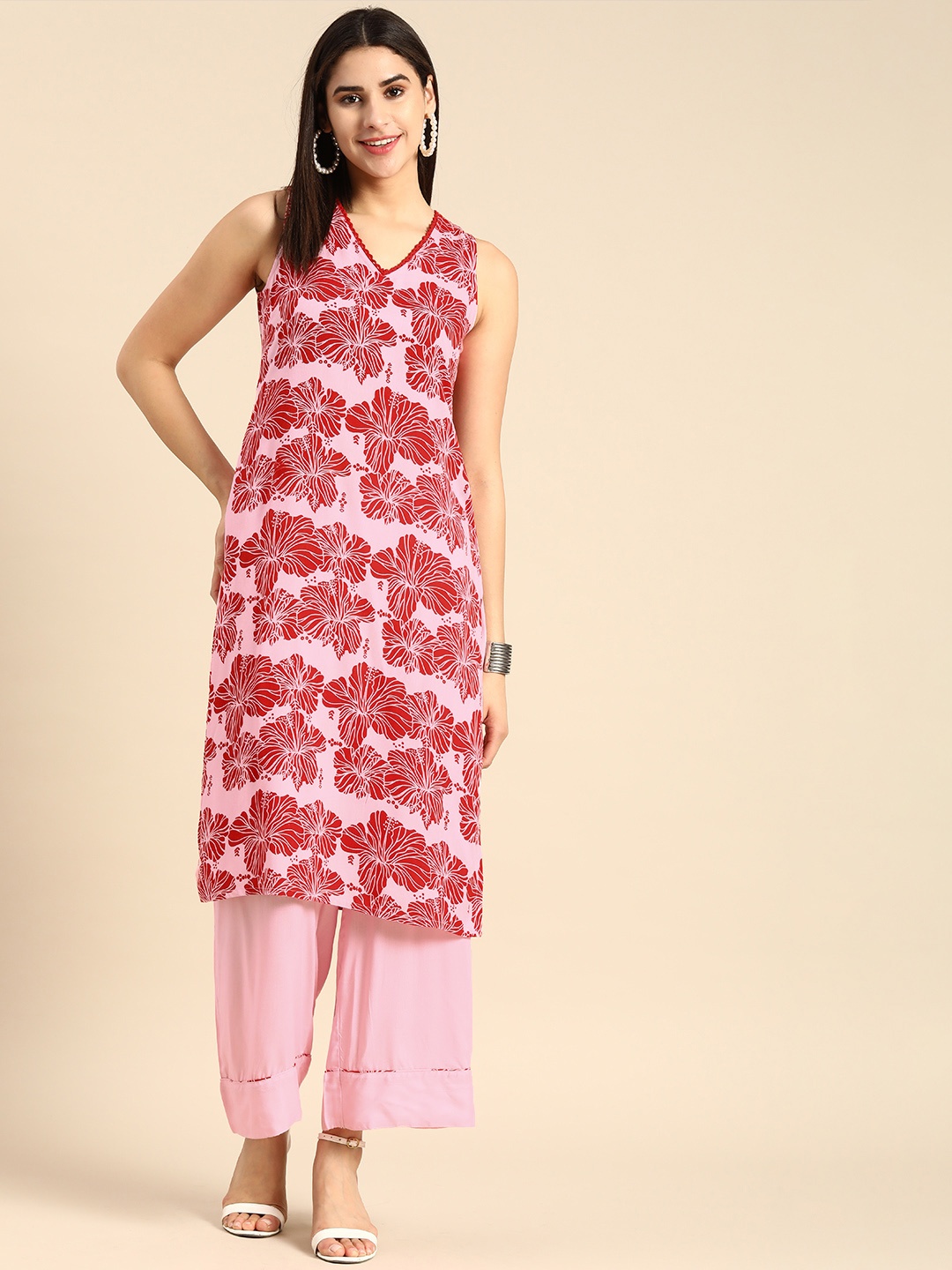 

Anouk Women Floral Printed V-Neck Lace Inserts Staright Kurta with Palazzos, Pink