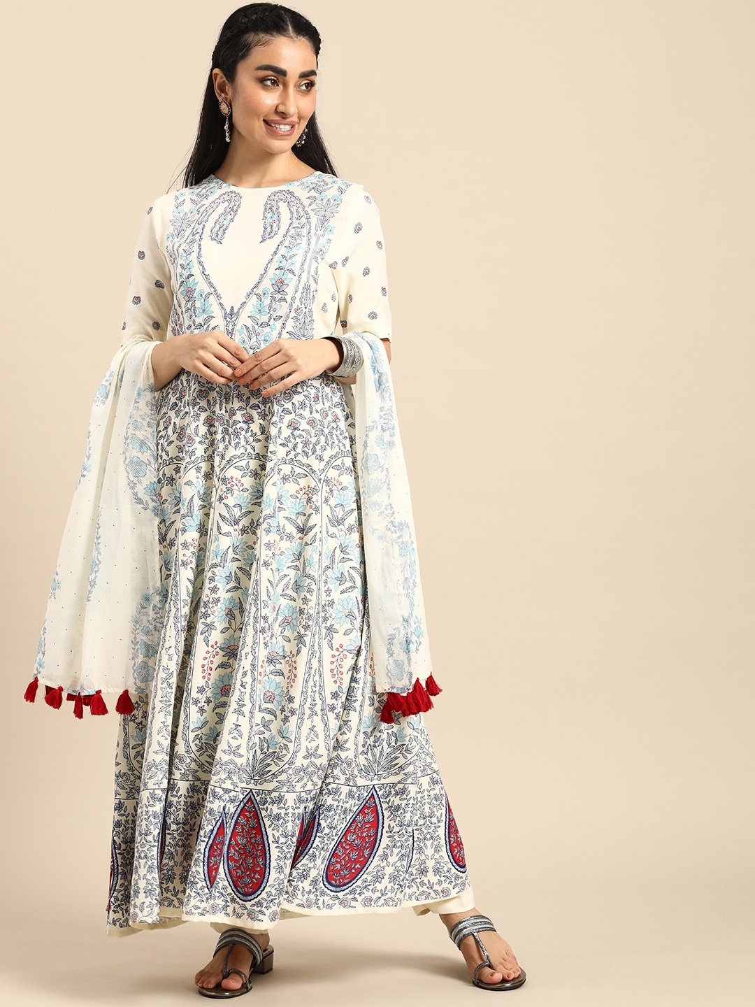 

Anouk Floral Printed Angrakha Kurta with Trouser & Dupatta, Off white