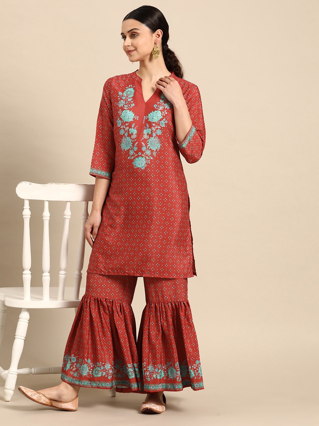 

Anouk Women Ethnic Motifs Printed Kurta with Sharara, Rust