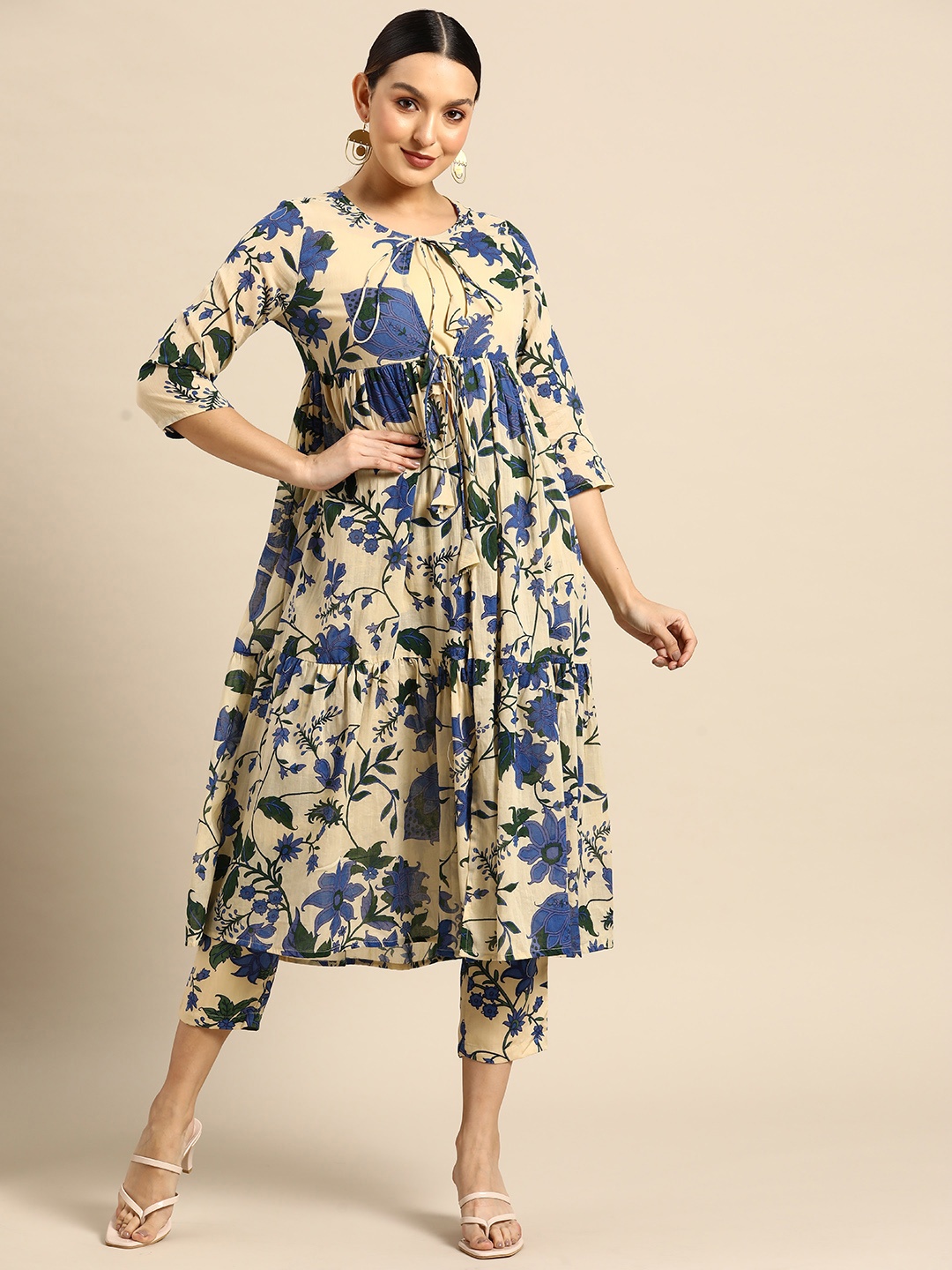 

Anouk Women Floral Printed Layered Tiered Pure Cotton Kurta with Inner & Trousers, Beige