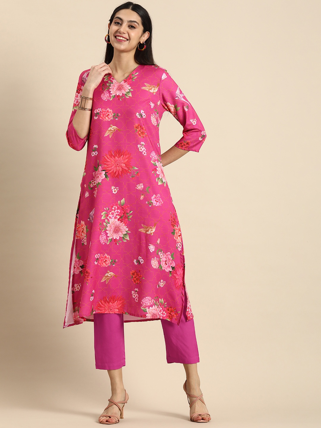 

Anouk Women Floral Printed Straight Kurta with Trousers, Pink