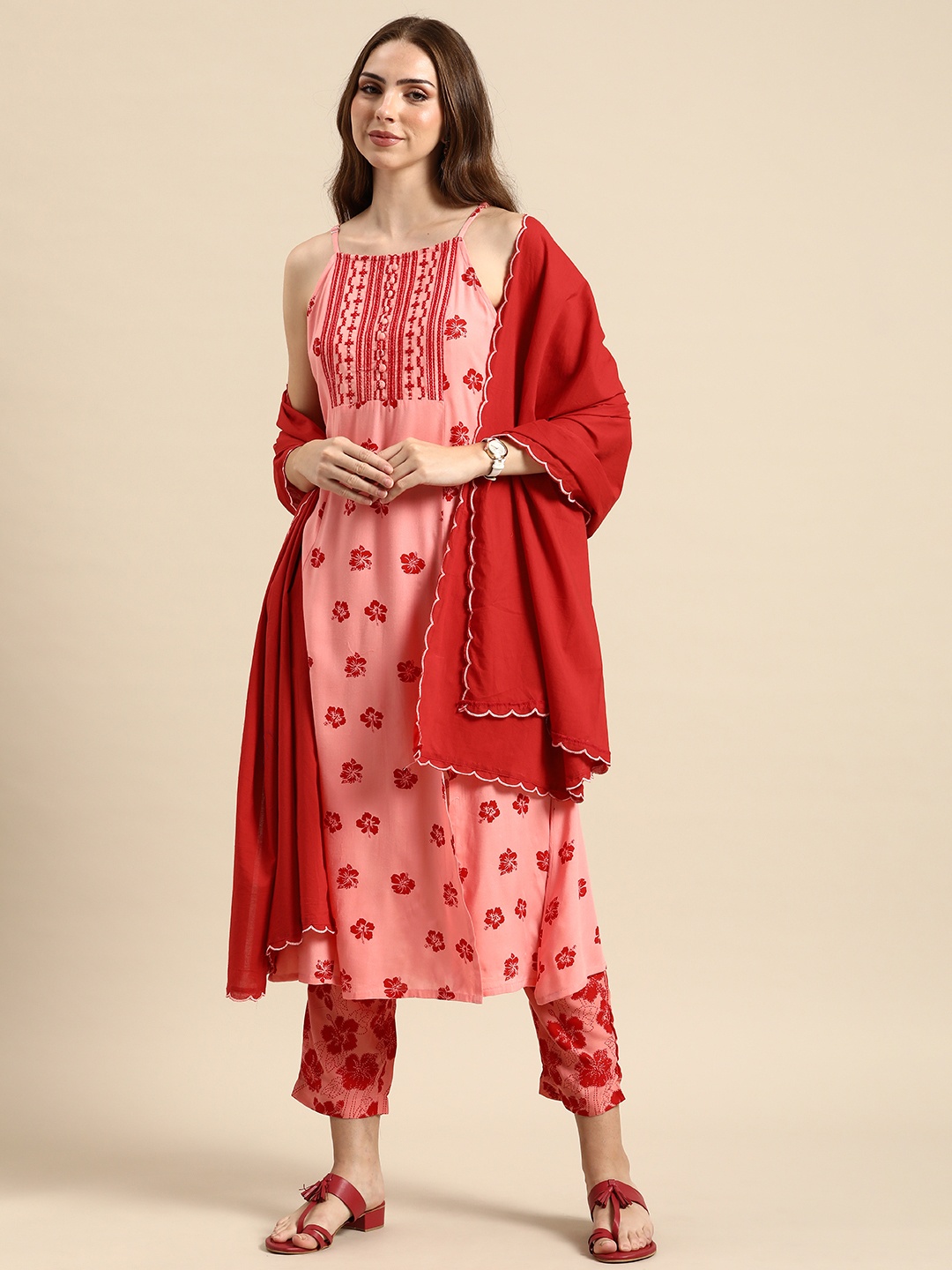 

Anouk Women Floral Printed High Slit Kurta with Trousers & Dupatta Set, Pink