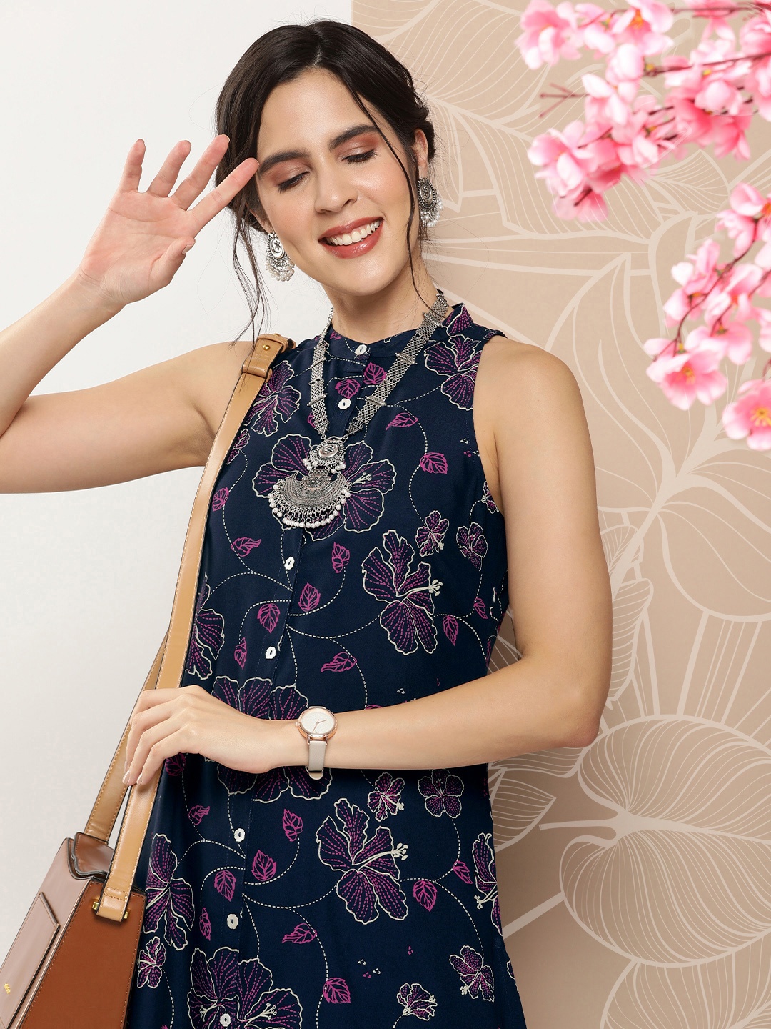 

Anouk Women Band Collar Floral Printed A-Line Kurta with Palazzos, Navy blue