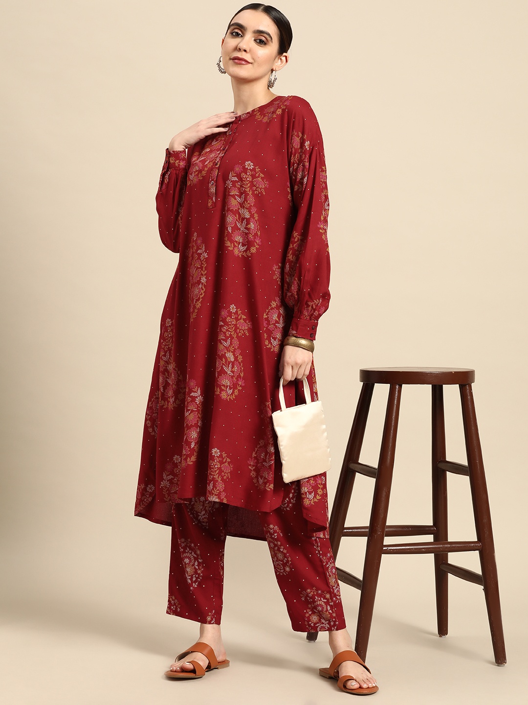 

Anouk Women Paisley Printed Pleated High-Low Kurta with Trousers, Red