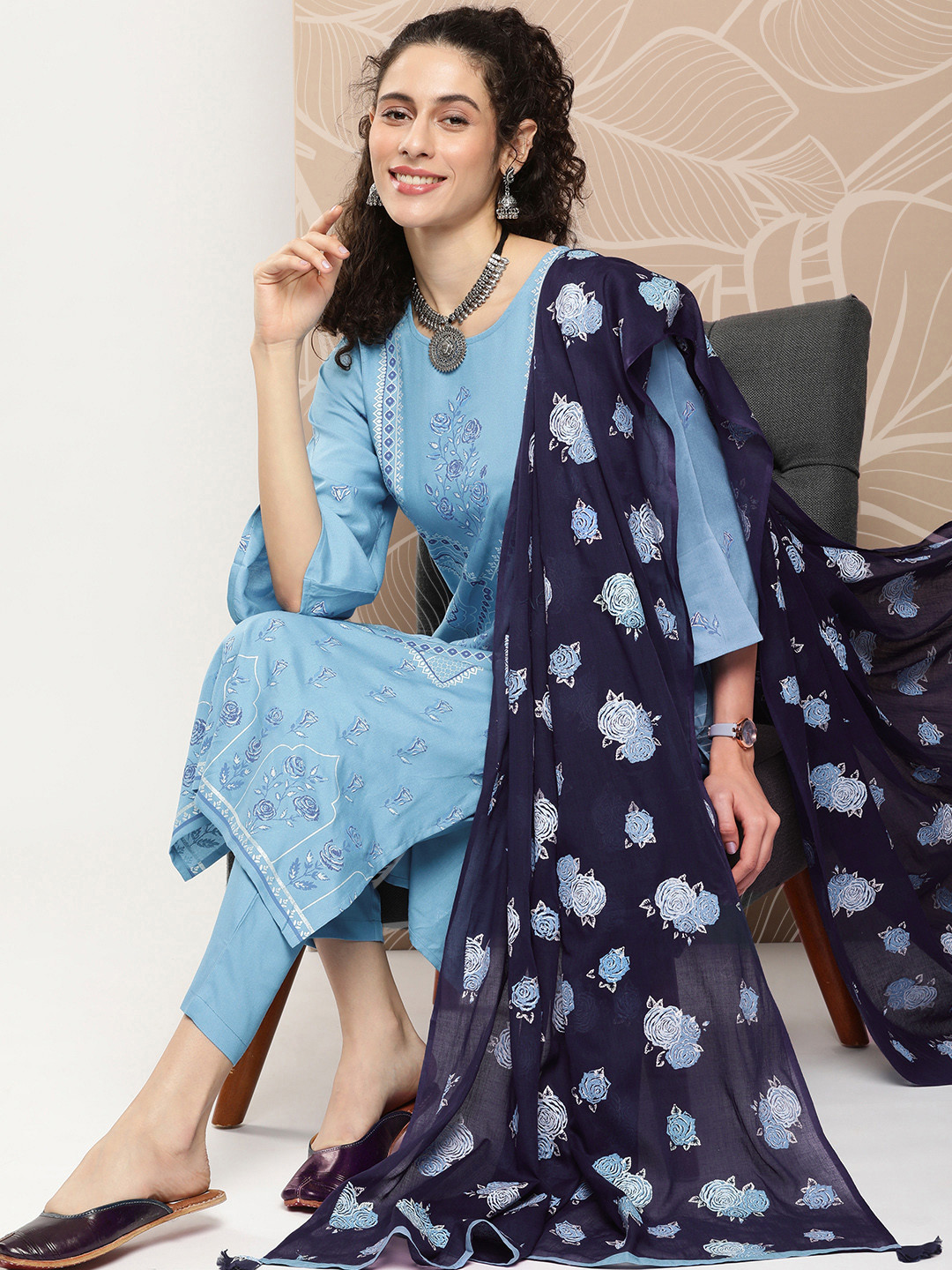 

Anouk Women Floral Printed Kurta with Trousers & With Dupatta, Blue