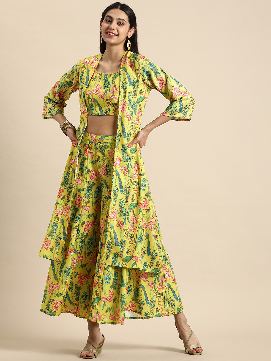 

Anouk Floral Printed Crop Top With Palazzos And Long Outer Jacket, Green