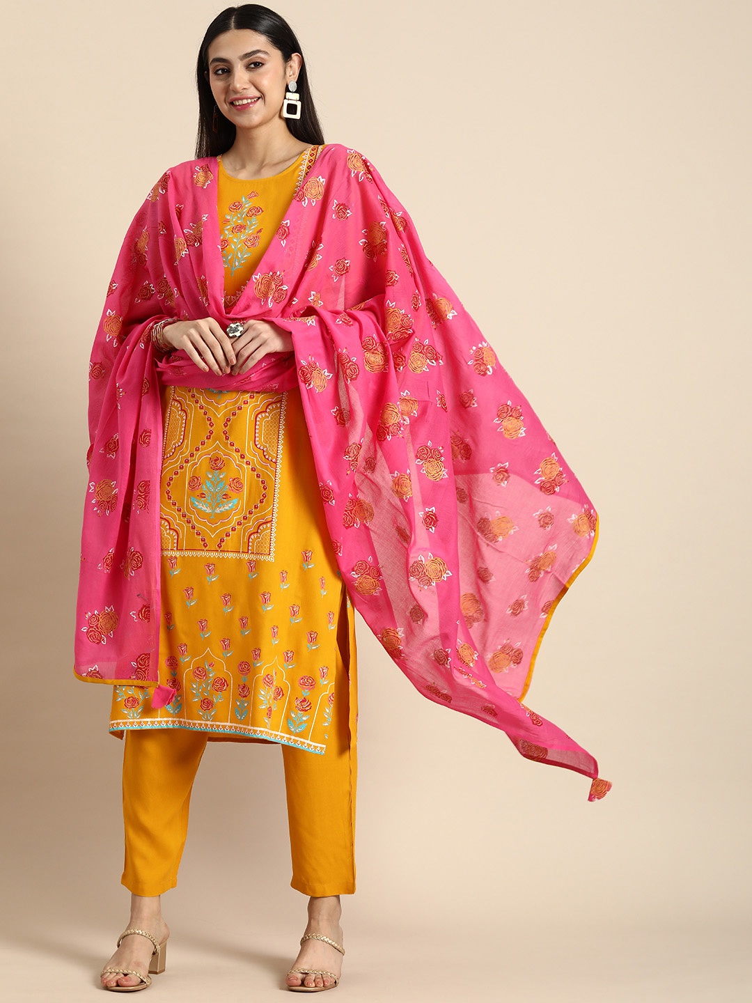 

Anouk Women Floral Printed Kurta with Trousers & With Dupatta, Mustard