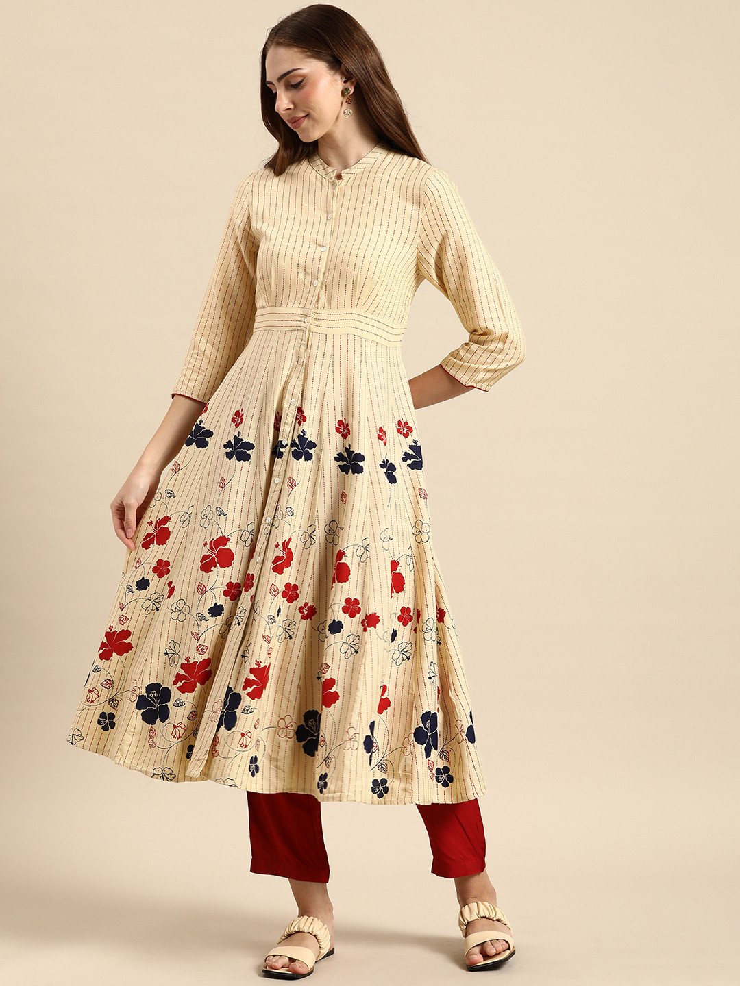 

Anouk Women Floral Printed Empire Anarkali Kurta with Trousers Set, Beige