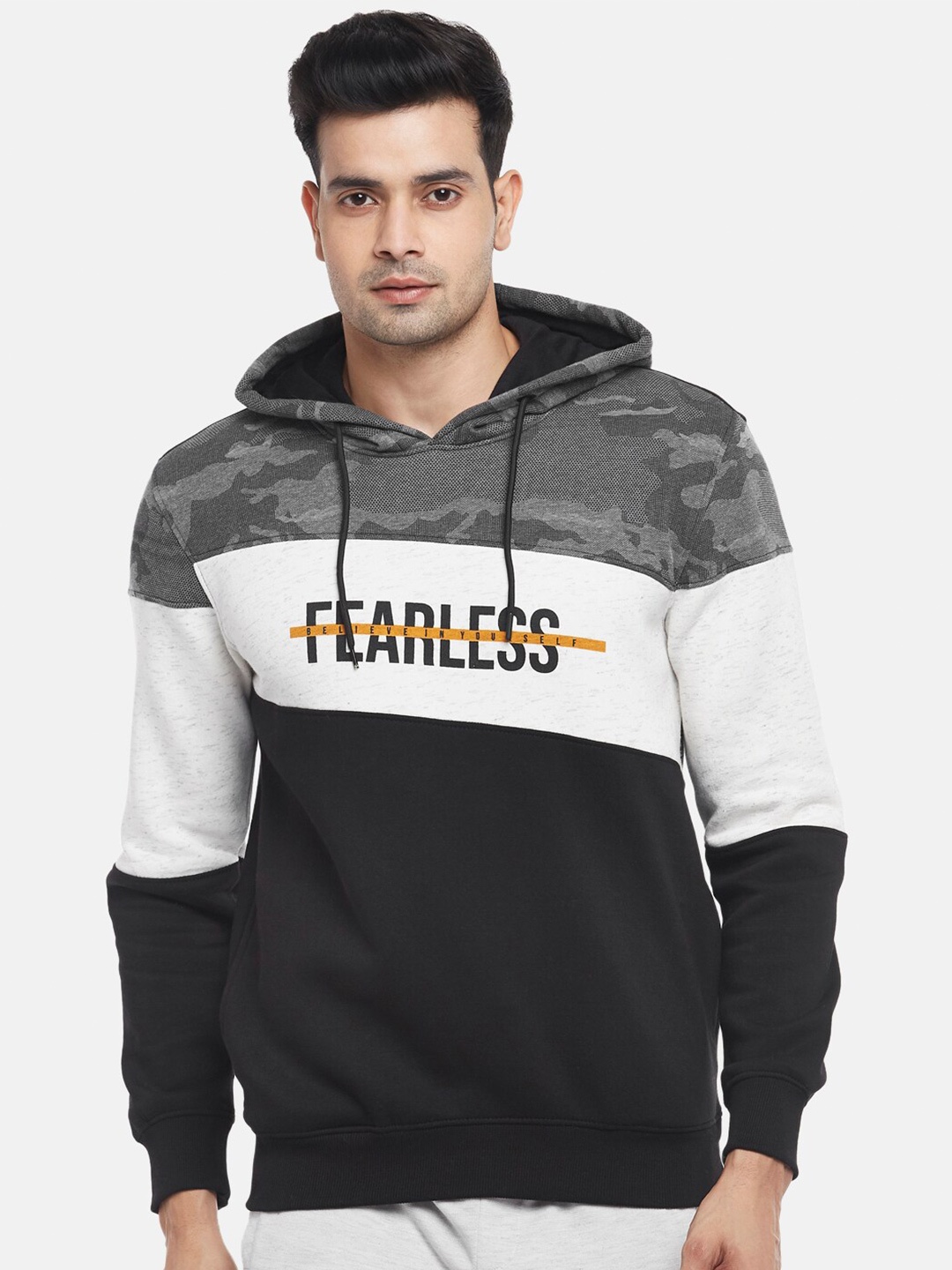 

Ajile by Pantaloons Men Black Colourblocked Printed Hooded Sweatshirt