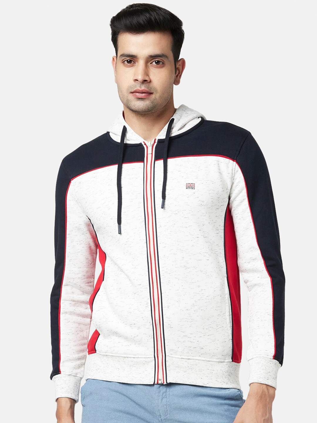 

BYFORD by Pantaloons Men Off White & Navy Blue Colourblocked Cotton Hooded Sweatshirt
