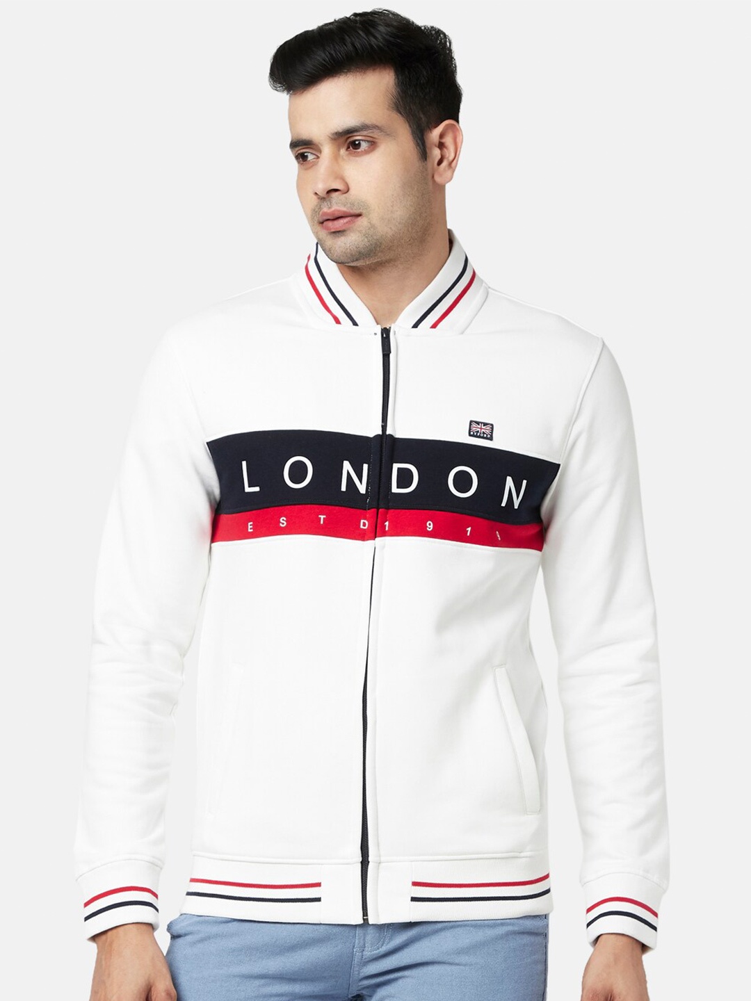 

BYFORD by Pantaloons Men White & Navy Blue Printed Cotton Sweatshirt