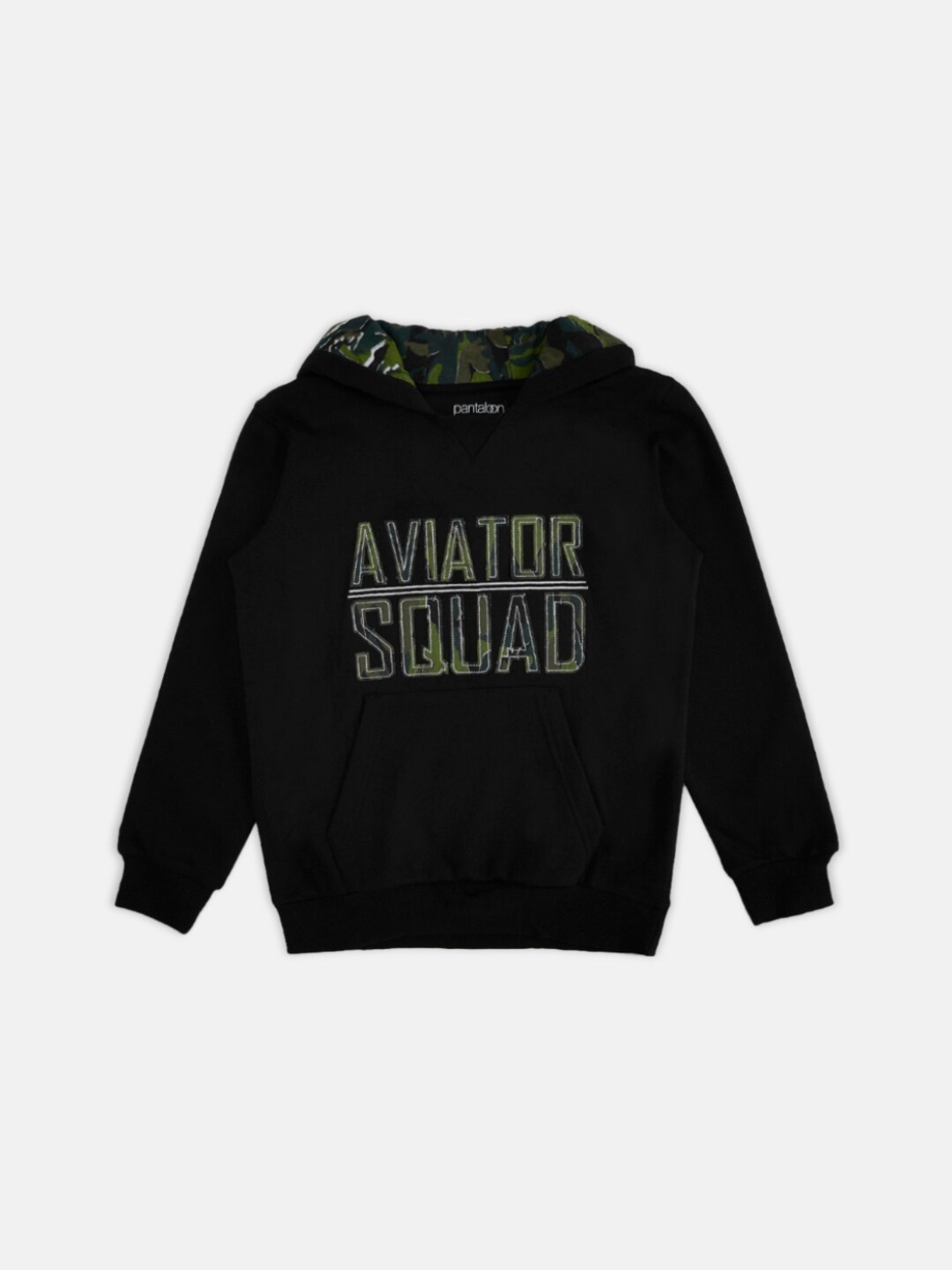 

Pantaloons Junior Boys Black Printed Hooded Sweatshirt