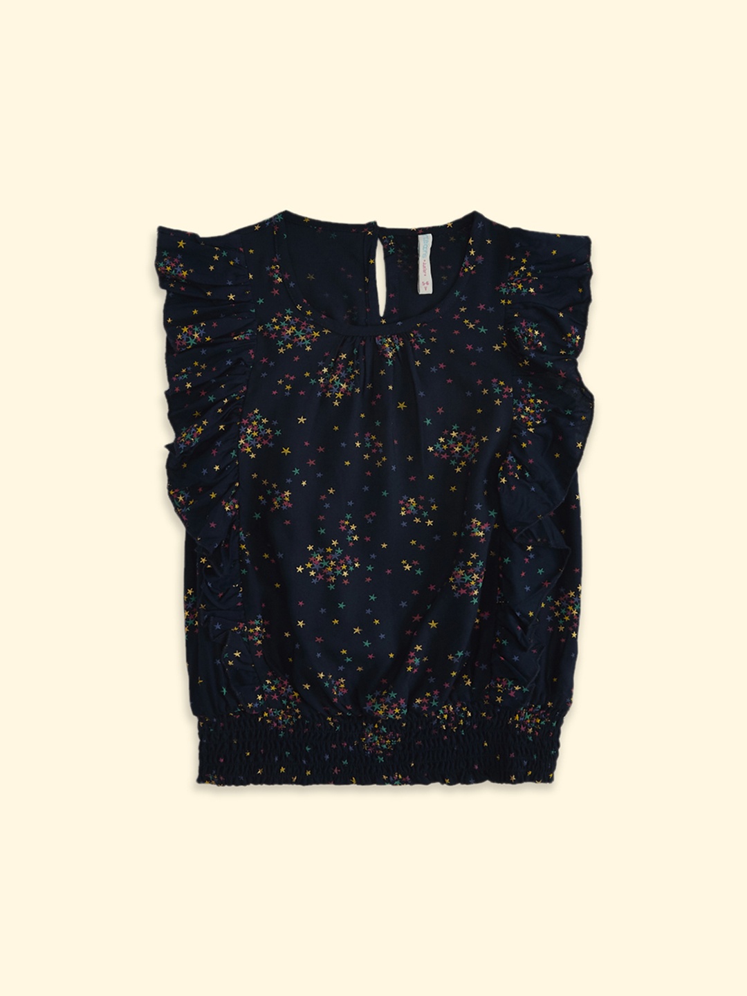 

Pantaloons Junior Navy Blue & Yellow Printed Blouson Cotton Top