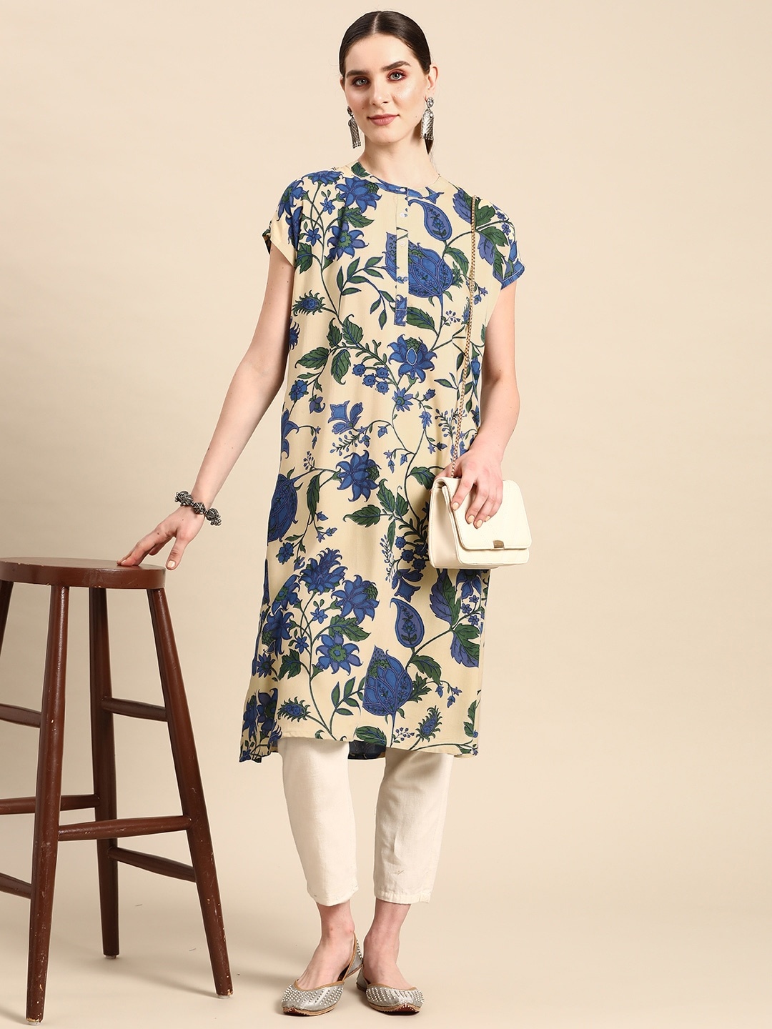 

Anouk Floral Printed Extended Sleeves Straight Kurta, Beige