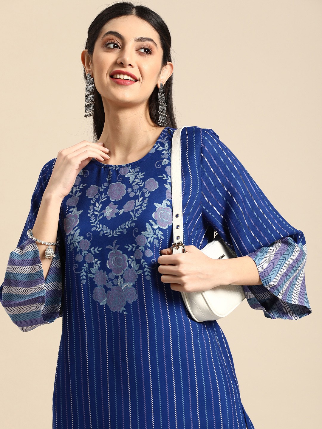 

Anouk Women Striped Printed Flared Sleeves Floral Kurta, Blue