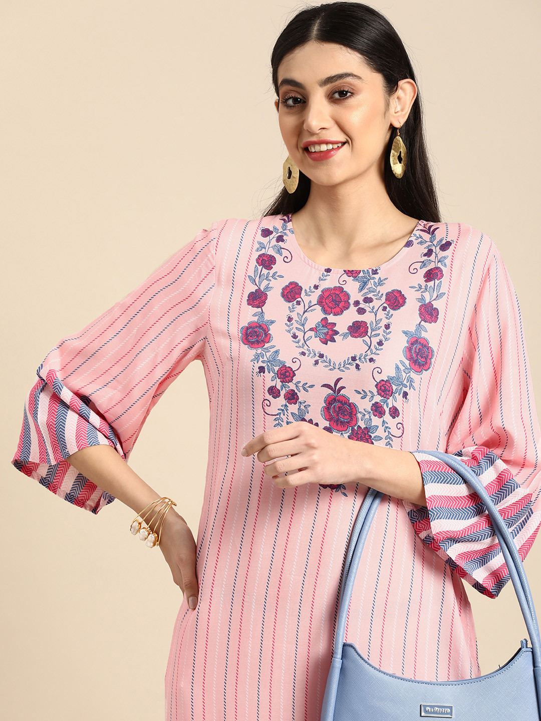 

Anouk Women Striped Printed Flared Sleeves Floral Kurta, Pink