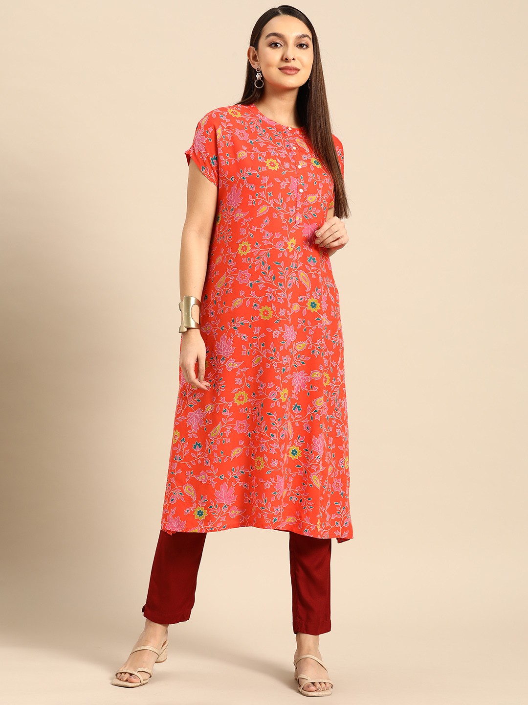 

Anouk Women Ethnic Motifs Printed Extended Sleeves Floral Kurta, Orange