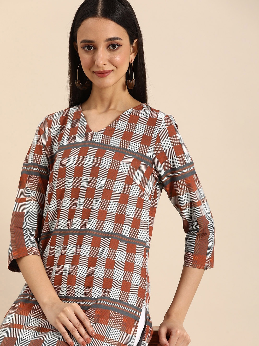 

Anouk Women Checked Straight Kurta With Striped Detail, Rust