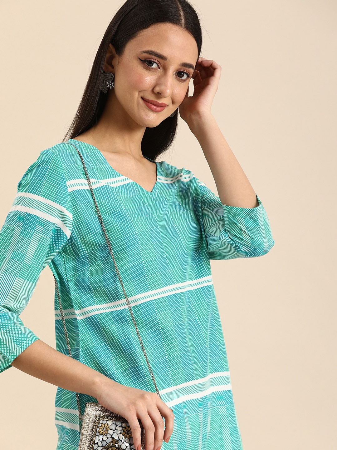 

Anouk Women Checked Straight Kurta With Striped Detail, Blue