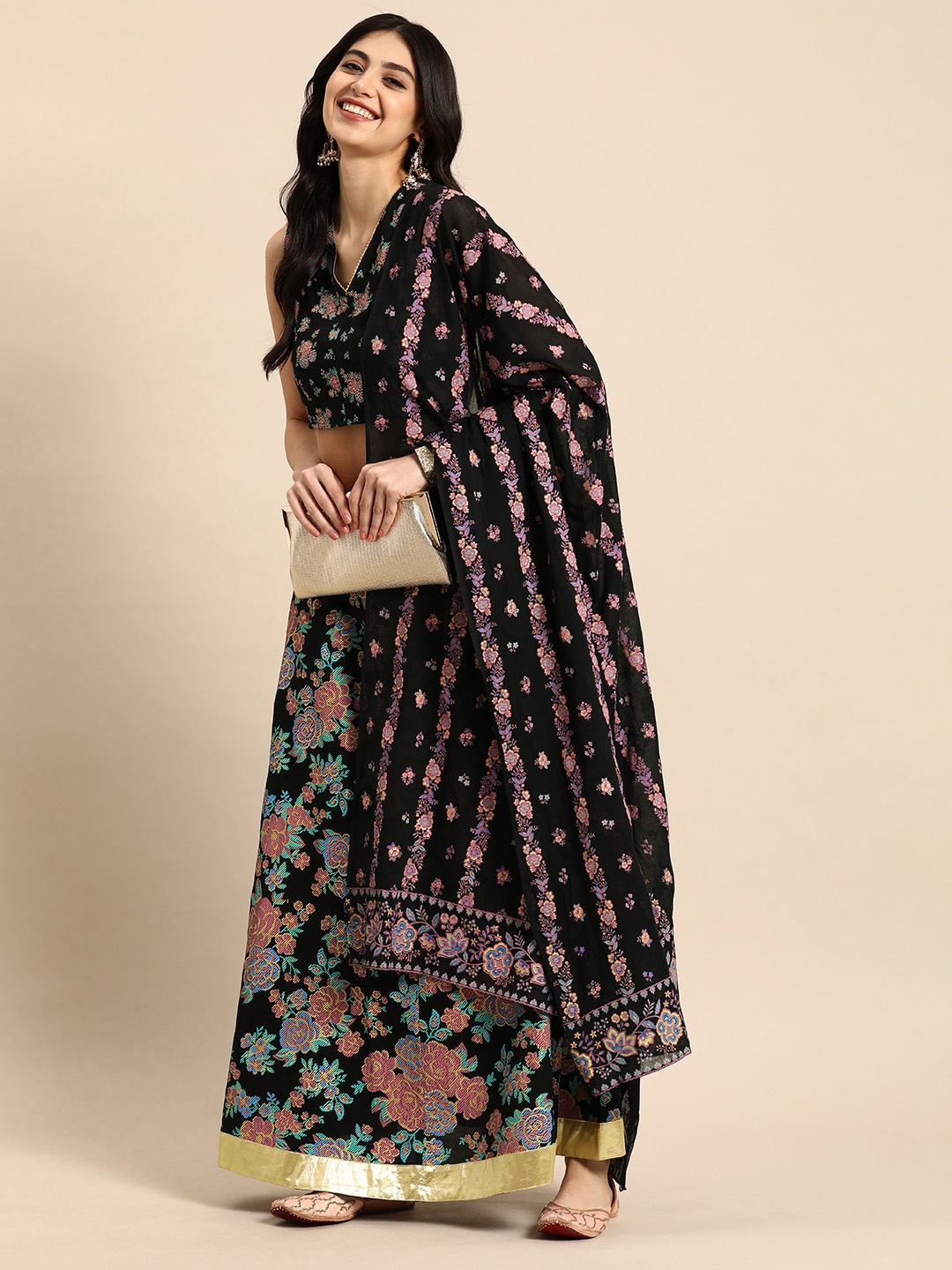 

Anouk Women Floral Printed Ready to Wear Lehenga & Blouse With Dupatta, Black