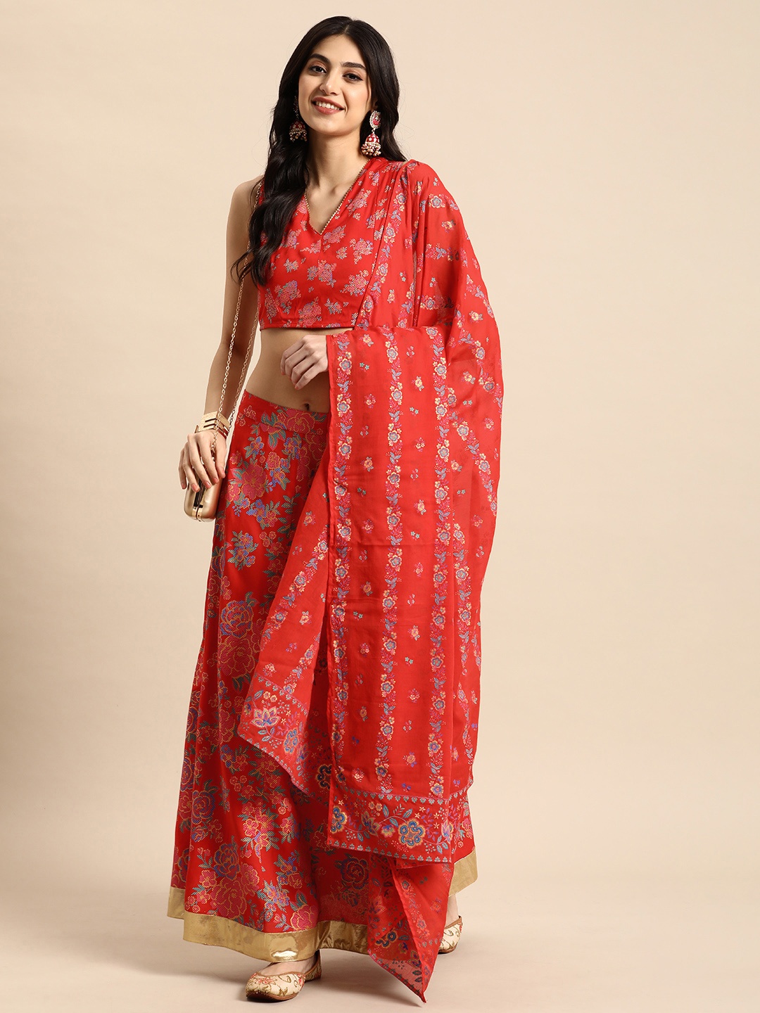 

Anouk Women Floral Printed Ready to Wear Lehenga & Blouse With Dupatta, Red