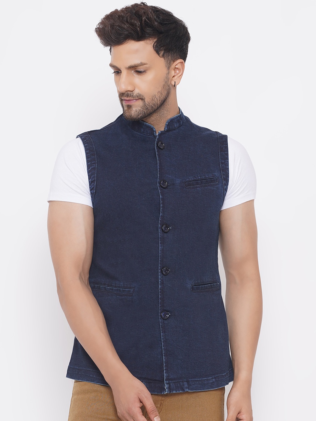 

John Pride Men Navy Blue Solid Nehru Jackets