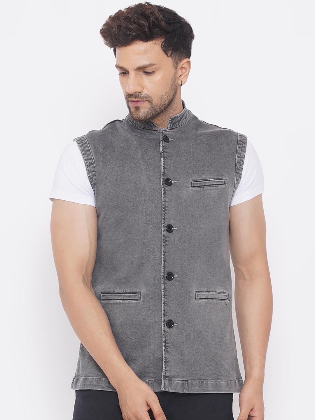

John Pride Men Grey Solid Woven Denim Nehru Jacket