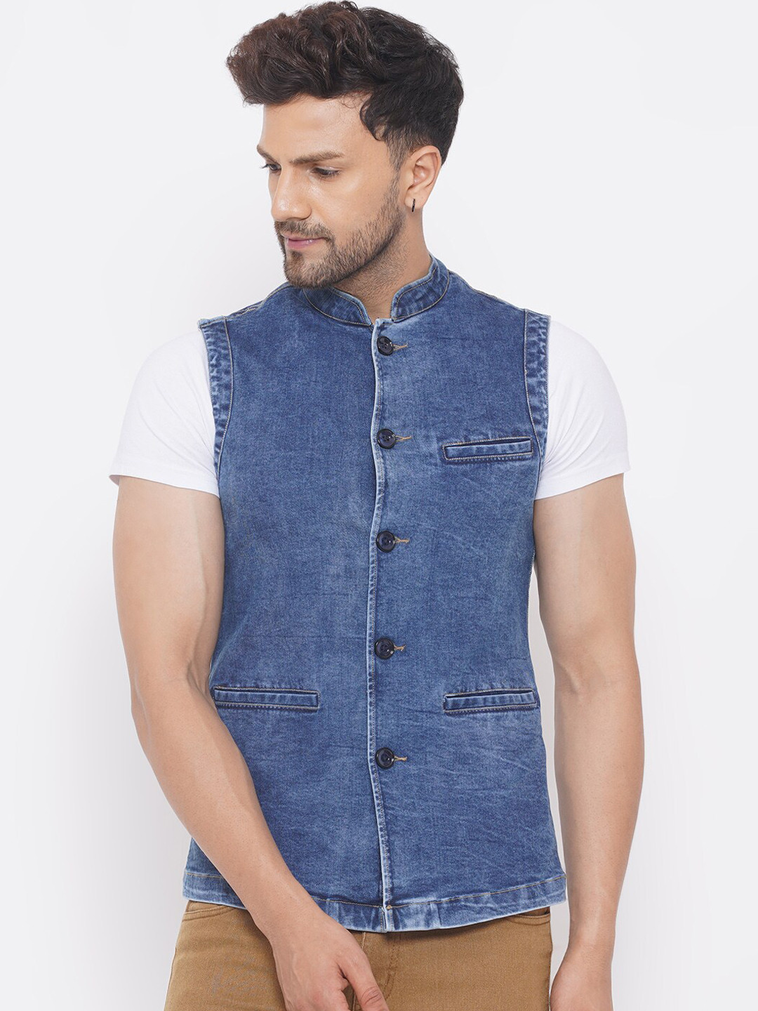 

John Pride Men Blue Solid Denim Nehru Jackets