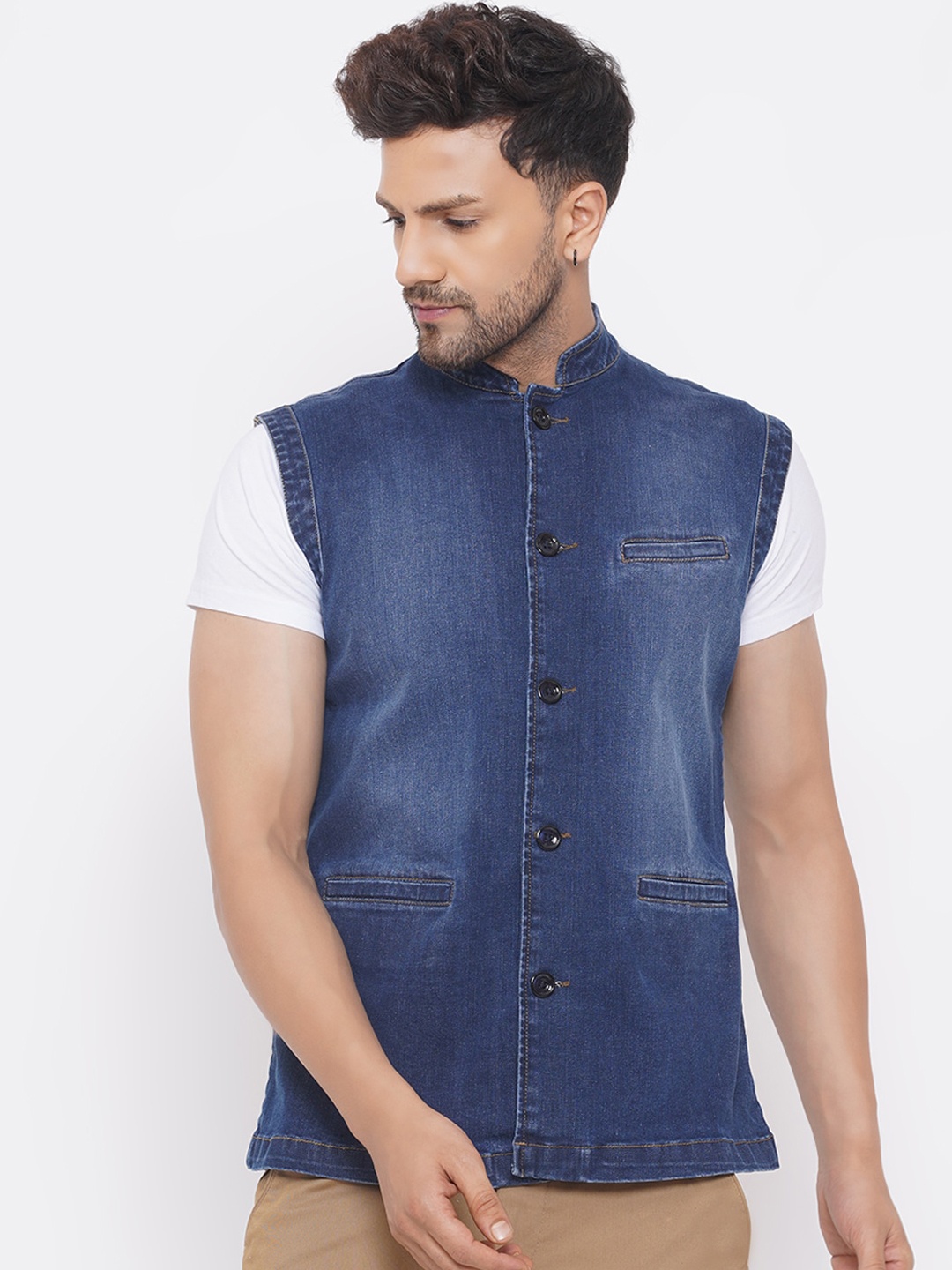 

John Pride Men Blue Solid Denim Nehru Jackets