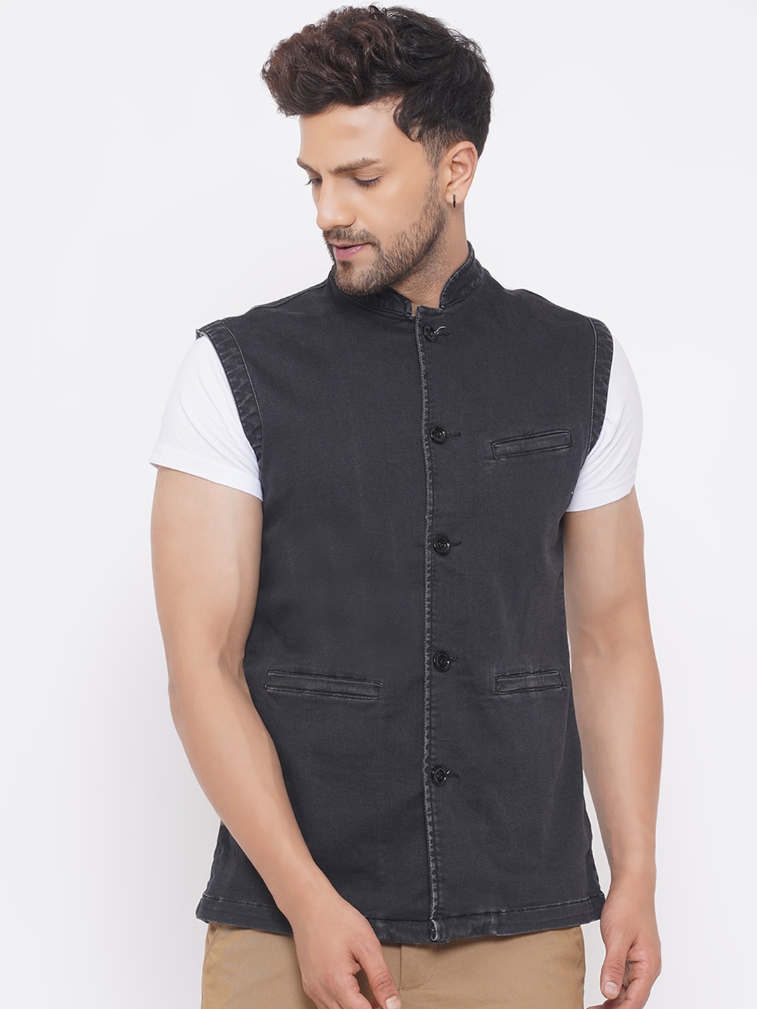 

John Pride Men Black Solid Denim Nehru Jackets
