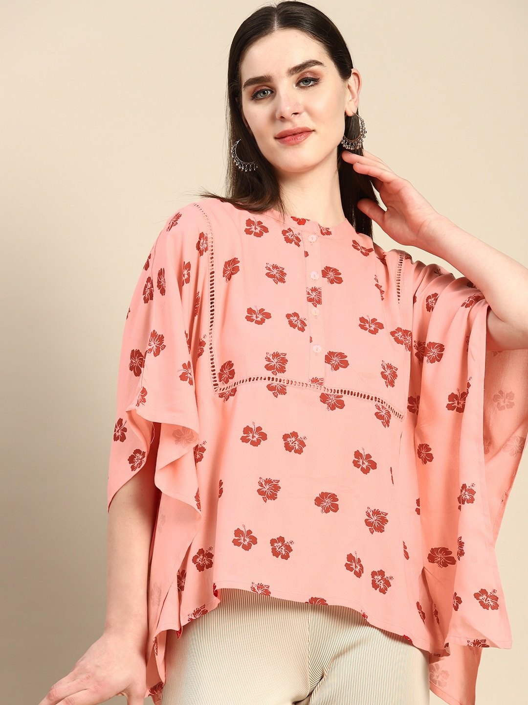 

Anouk Floral Printed Mandarin Collar Kaftan Top, Pink