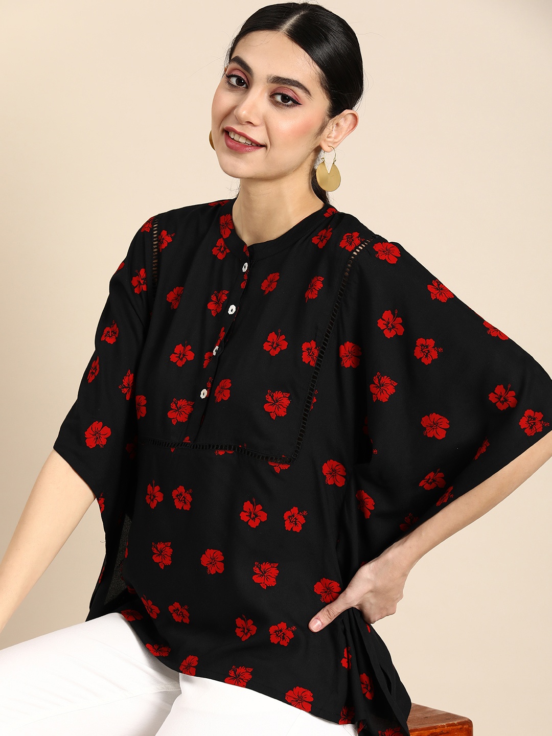 

Anouk Floral Print Mandarin Collar Kimono Sleeves Kaftan Top, Black