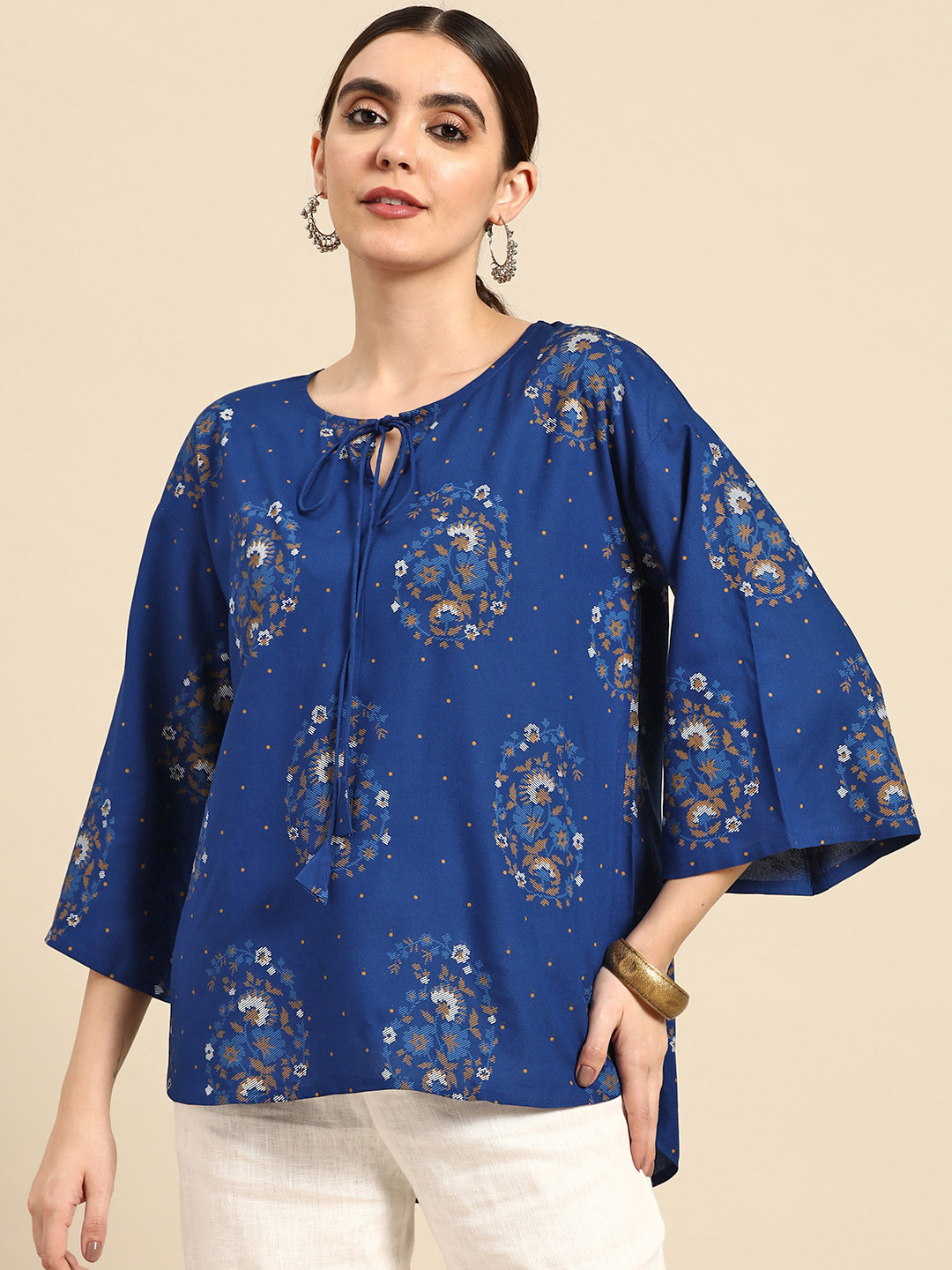 

Anouk Printed Tie-Up Neck High-Low Hem Top, Navy blue