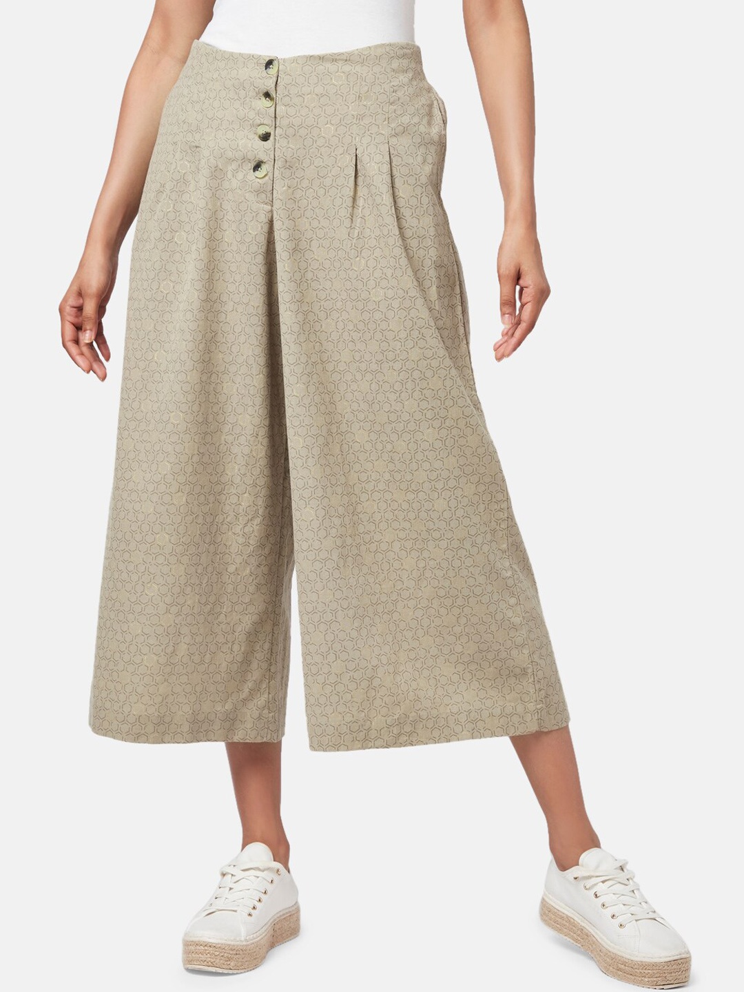 

AKKRITI BY PANTALOONS Women Beige Printed Pleated Culottes Trousers