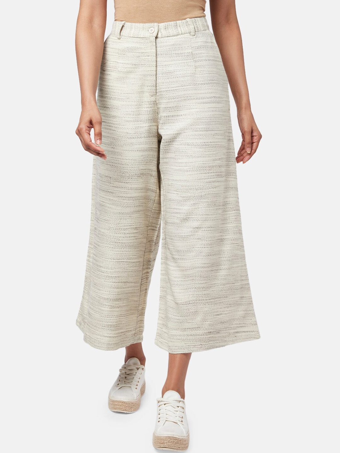 

AKKRITI BY PANTALOONS Women Off White Striped Acrylic Culottes Trouser