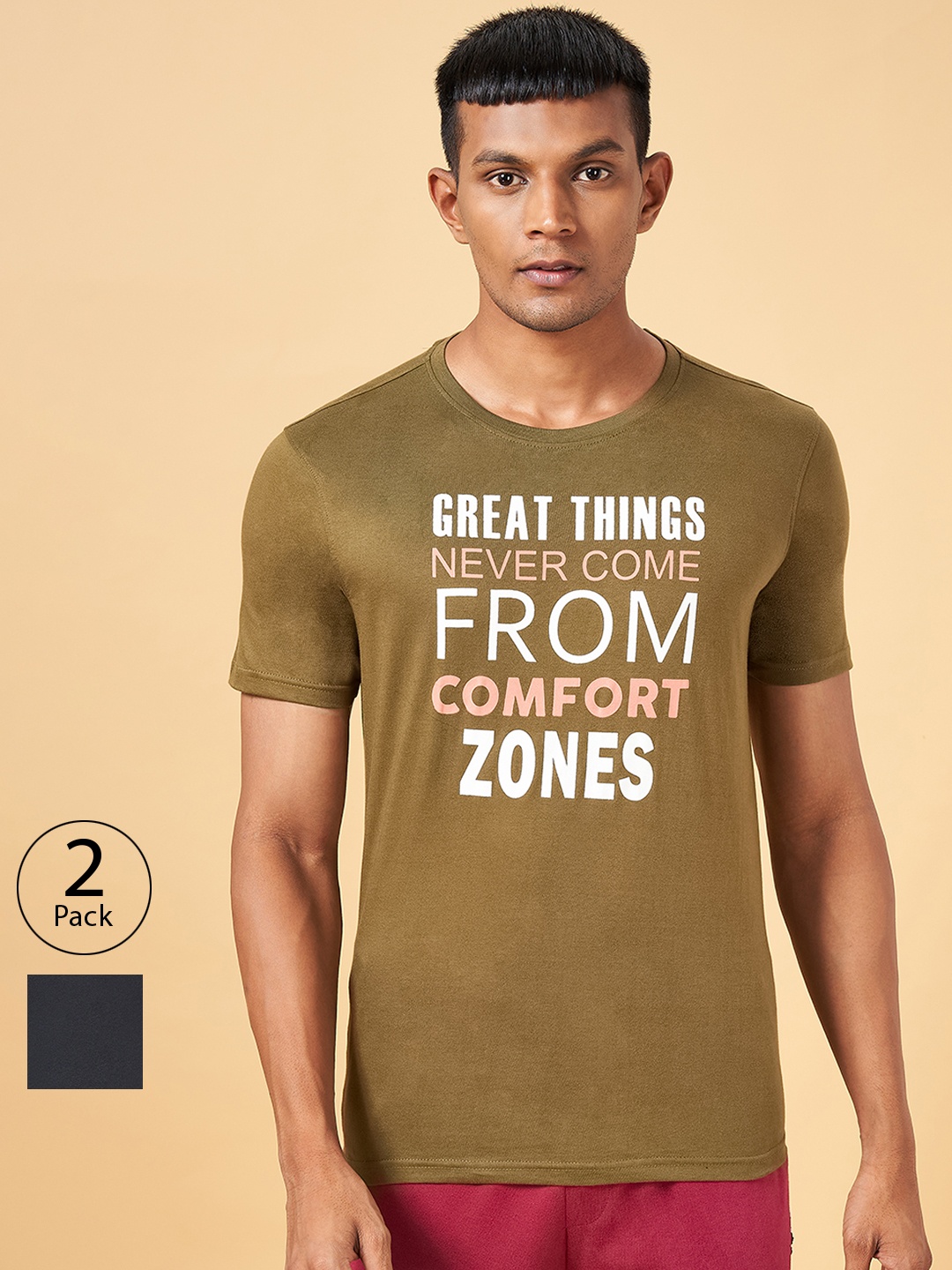 Ajile by Pantaloons Pack Of 2 Typography Printed Cotton T-shirts, Black