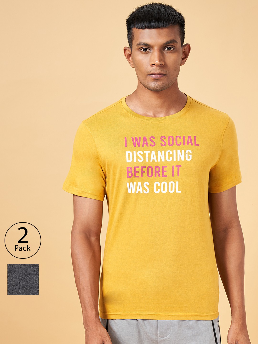 Ajile by Pantaloons Pack Of 2 Typography Printed Cotton T-shirt, Yellow