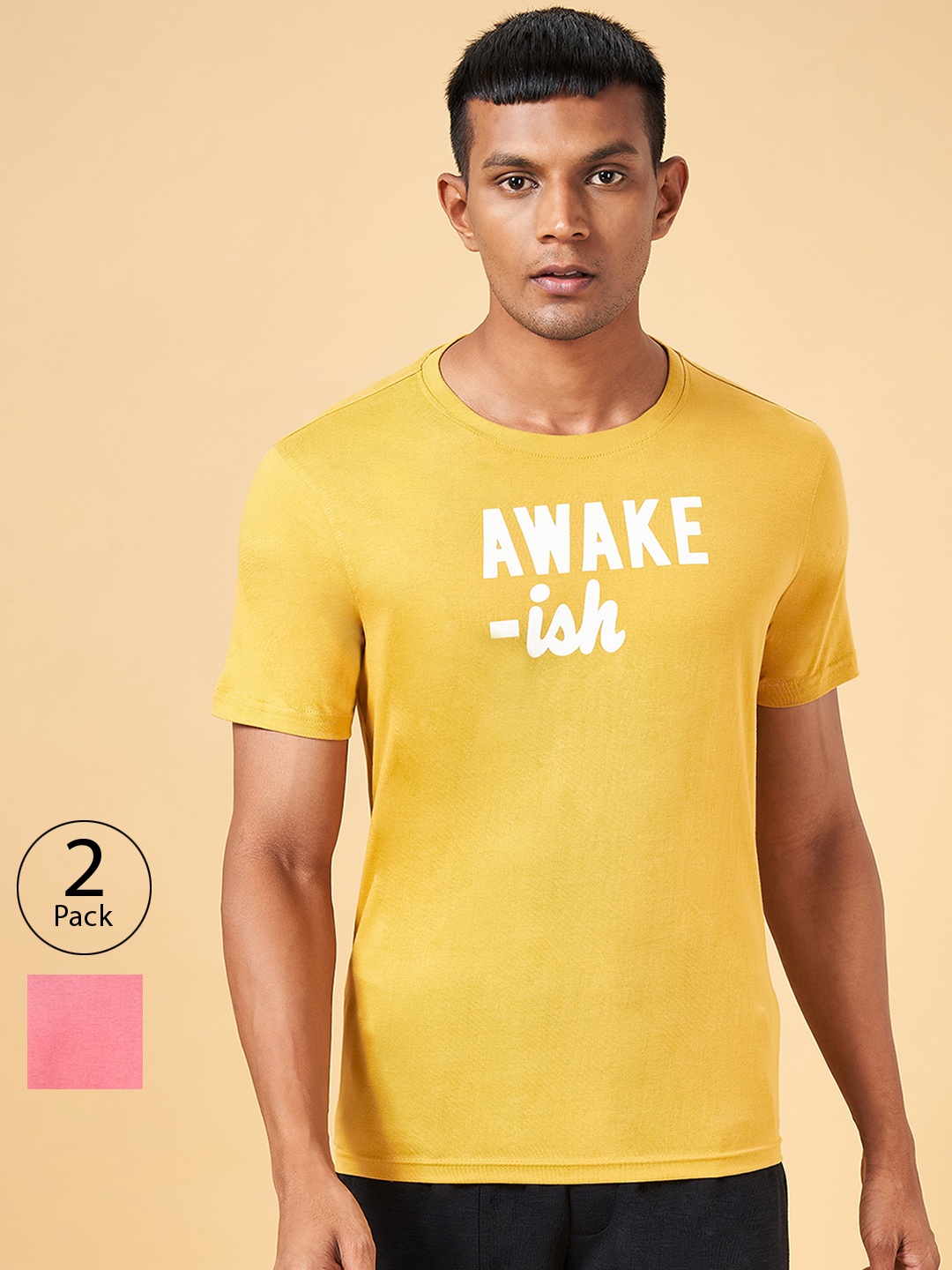 

Ajile by Pantaloons Pack Of 2 Typography Printed Cotton T-shirts, Yellow