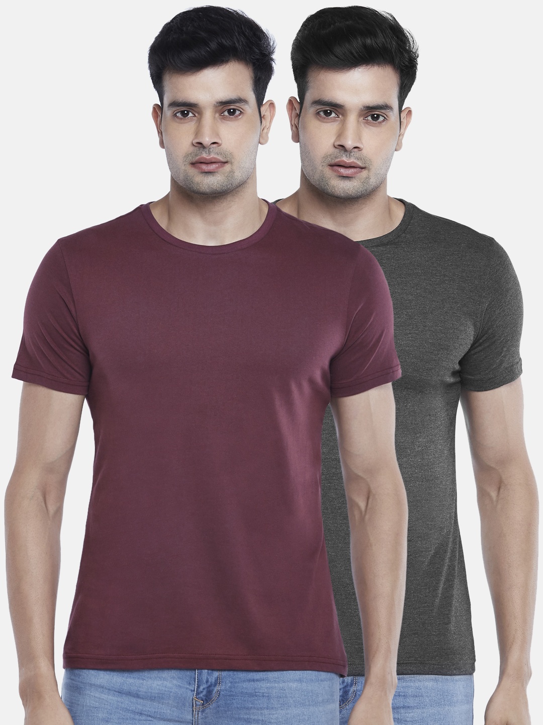 

BYFORD by Pantaloons Men Pack of 2 Solid Cotton T-shirt, Charcoal