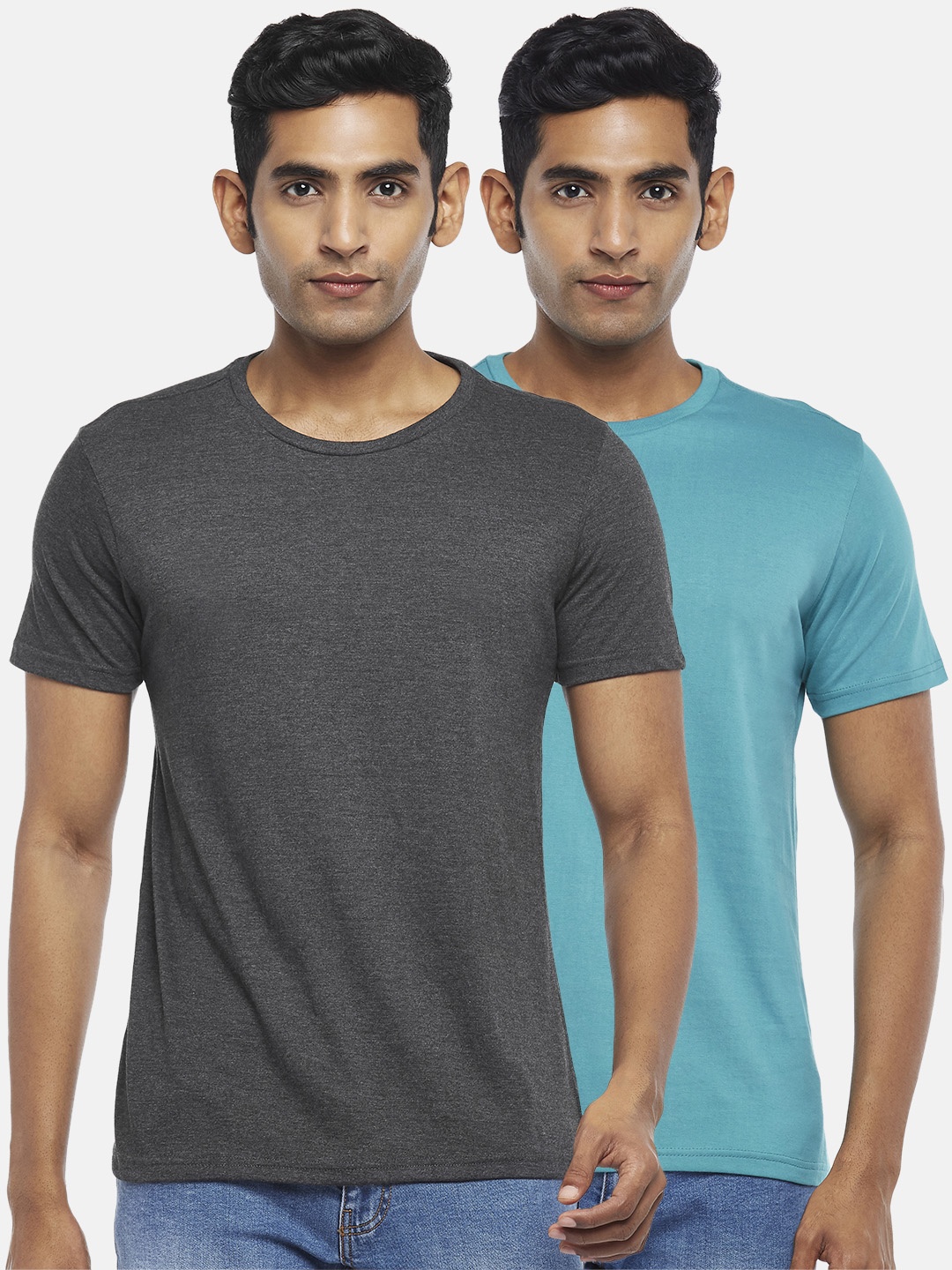 

BYFORD by Pantaloons Men Pack of 2 Solid Cotton T-shirt, Grey melange