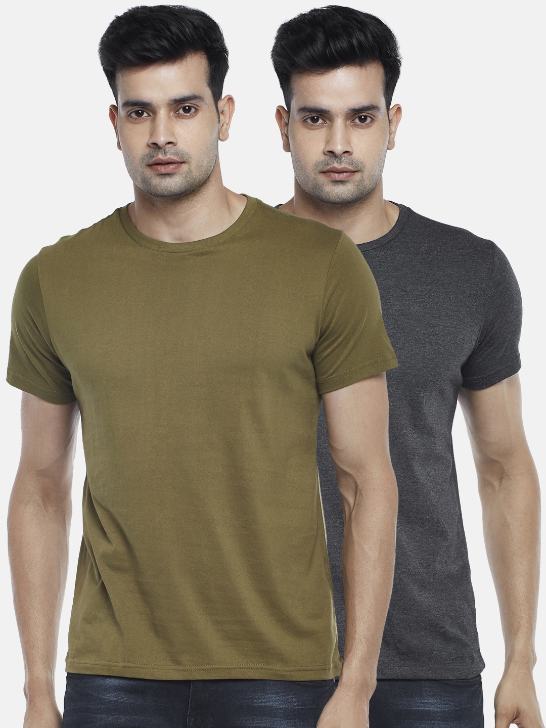 

BYFORD by Pantaloons Men Pack of 2 Solid Cotton T-shirt, Grey melange
