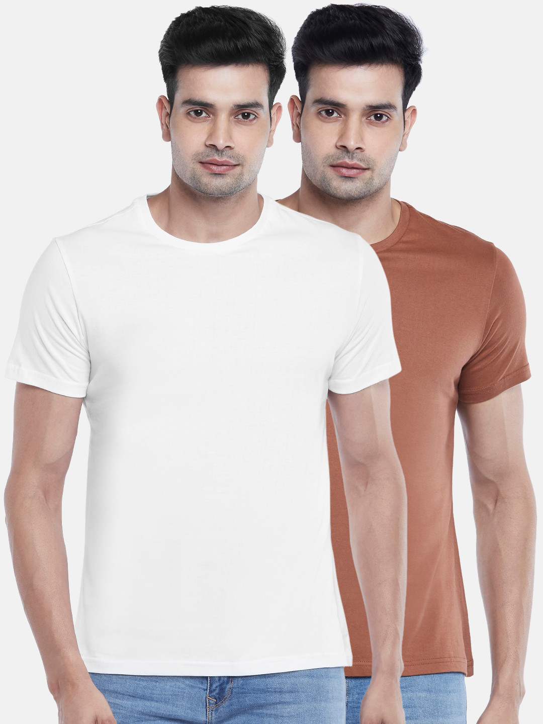 

BYFORD by Pantaloons Men Pack of 2 Solid Cotton T-shirt, Brown