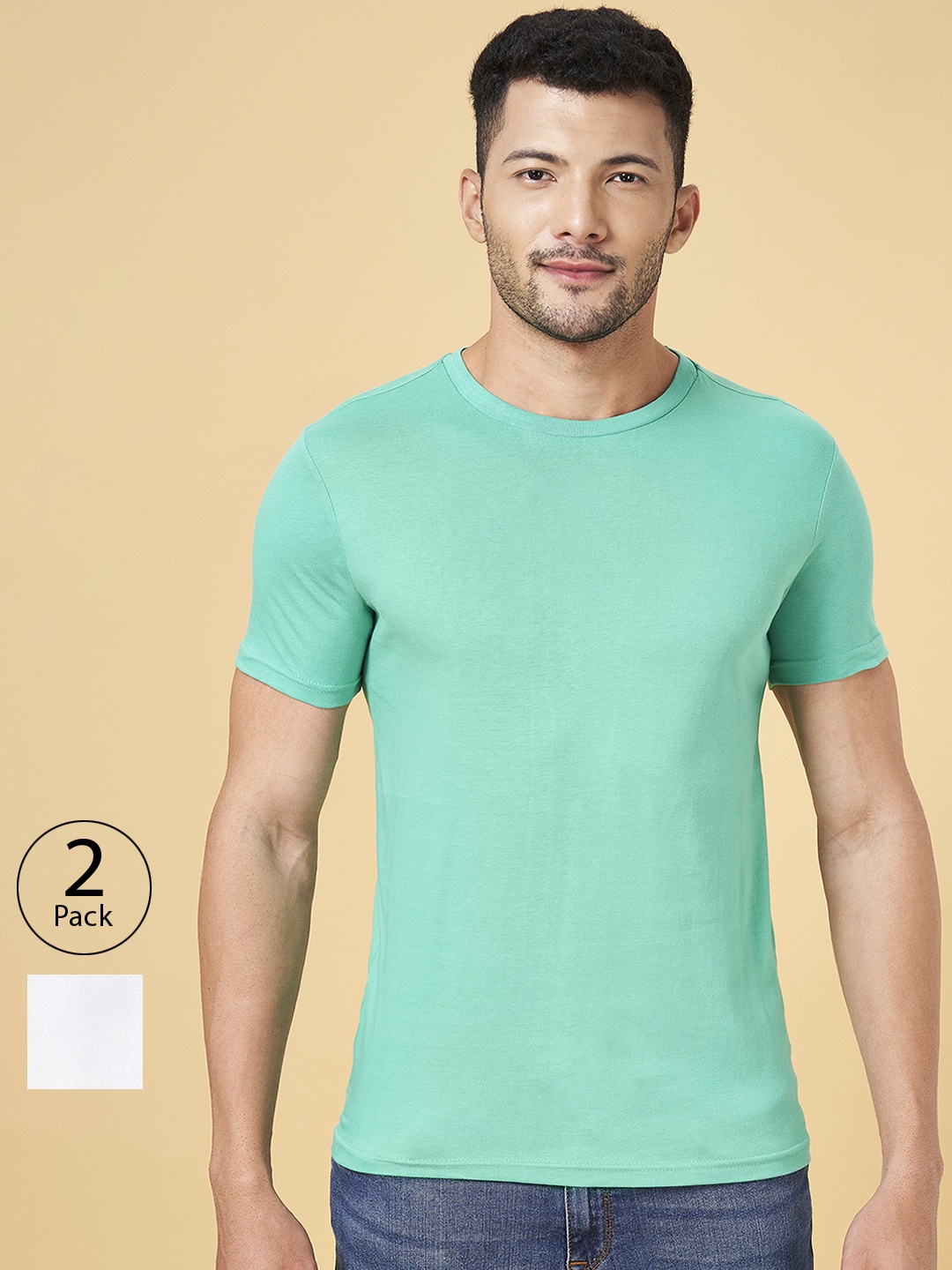 

BYFORD by Pantaloons Men Pack of 2 Solid Cotton T-shirt, Green
